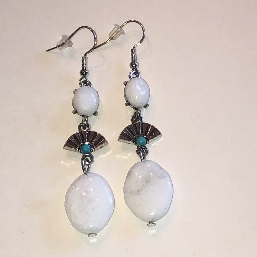 White Stone Drop Earrings with Turquoise Color Accent